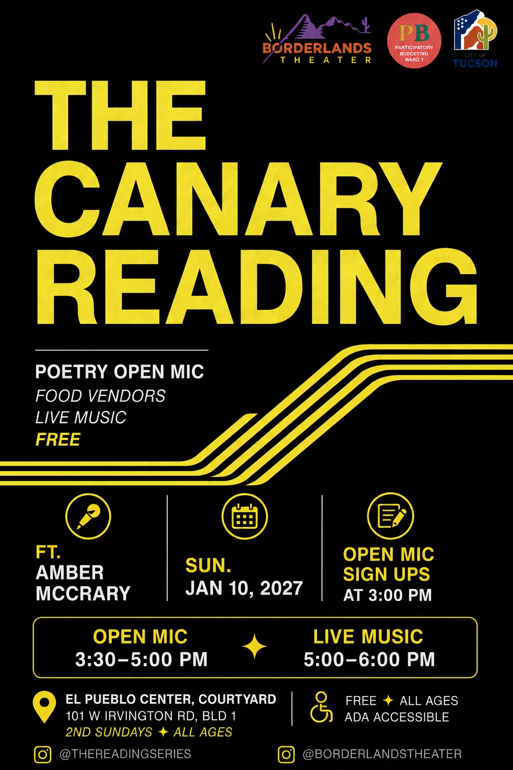 Black flyer with yellow text promoting The Canary Reading January 10, 2027 in Tucson AZ.