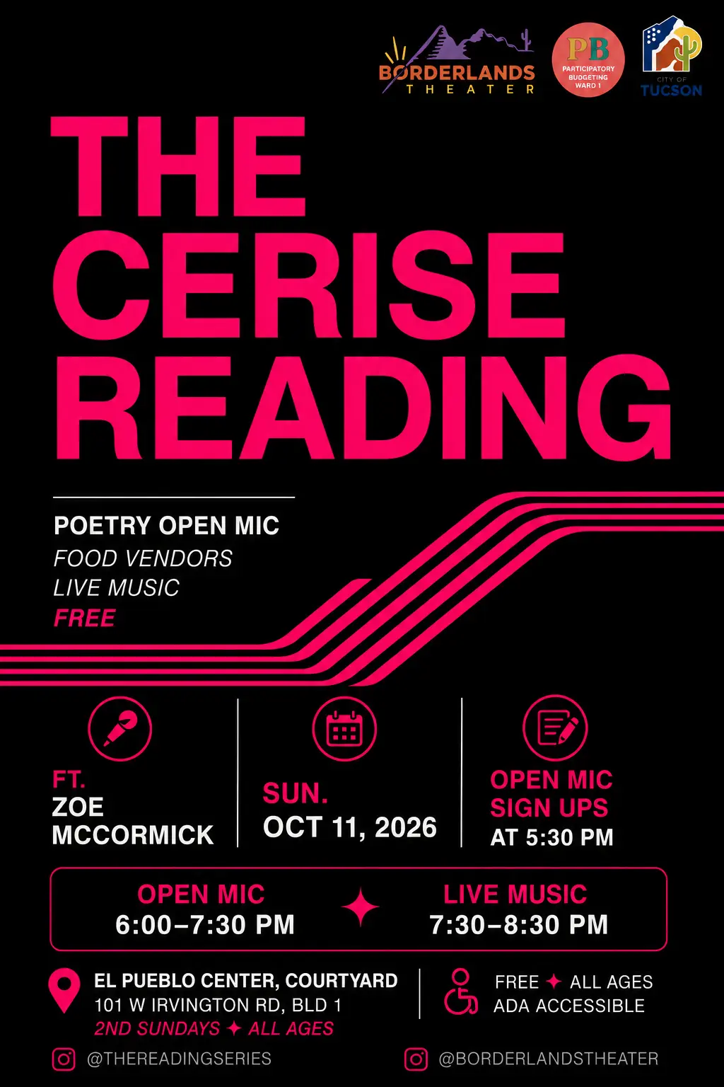 Black flyer with red text promoting The Crimson Reading September 13, 2026 in Tucson AZ.
