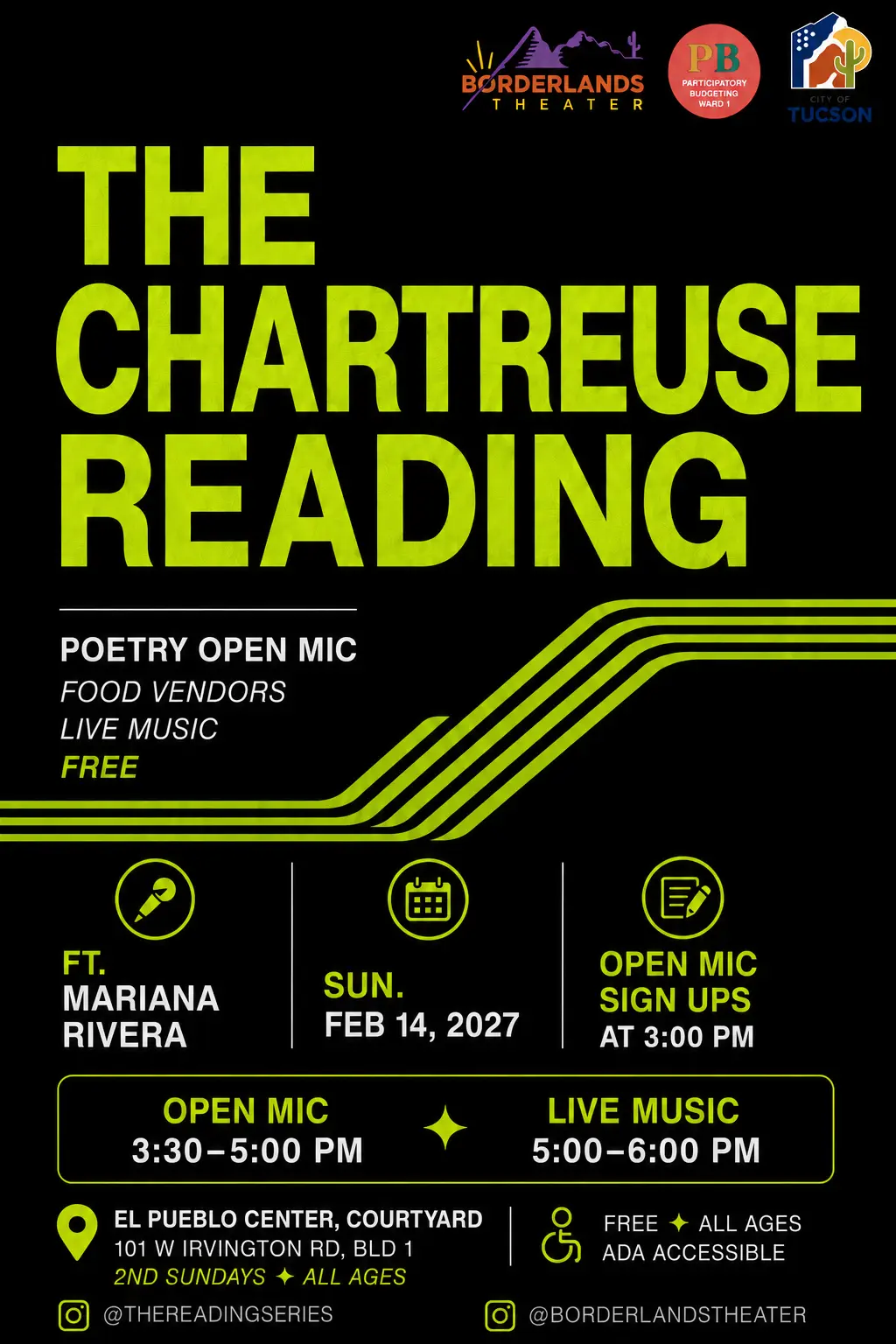 Black flyer with yellow text promoting The Canary Reading January 10, 2027 in Tucson AZ.