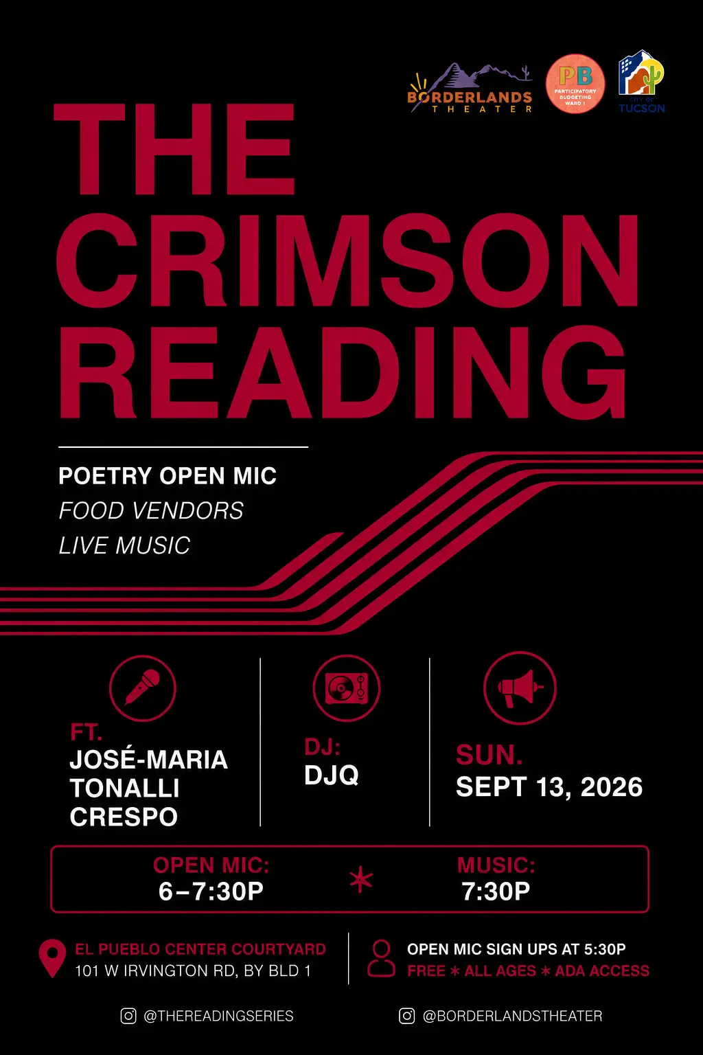 Black flyer with red text promoting The Crimson Reading September 13, 2026 in Tucson AZ.