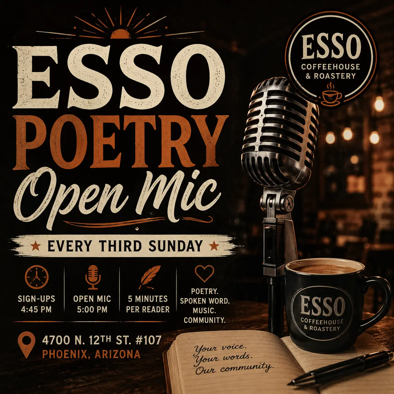 Esso Poetry Open Mic at Esso Coffeehouse & Roastery in Phoenix, Arizona, held every third Sunday with poetry, spoken word, music, and community.