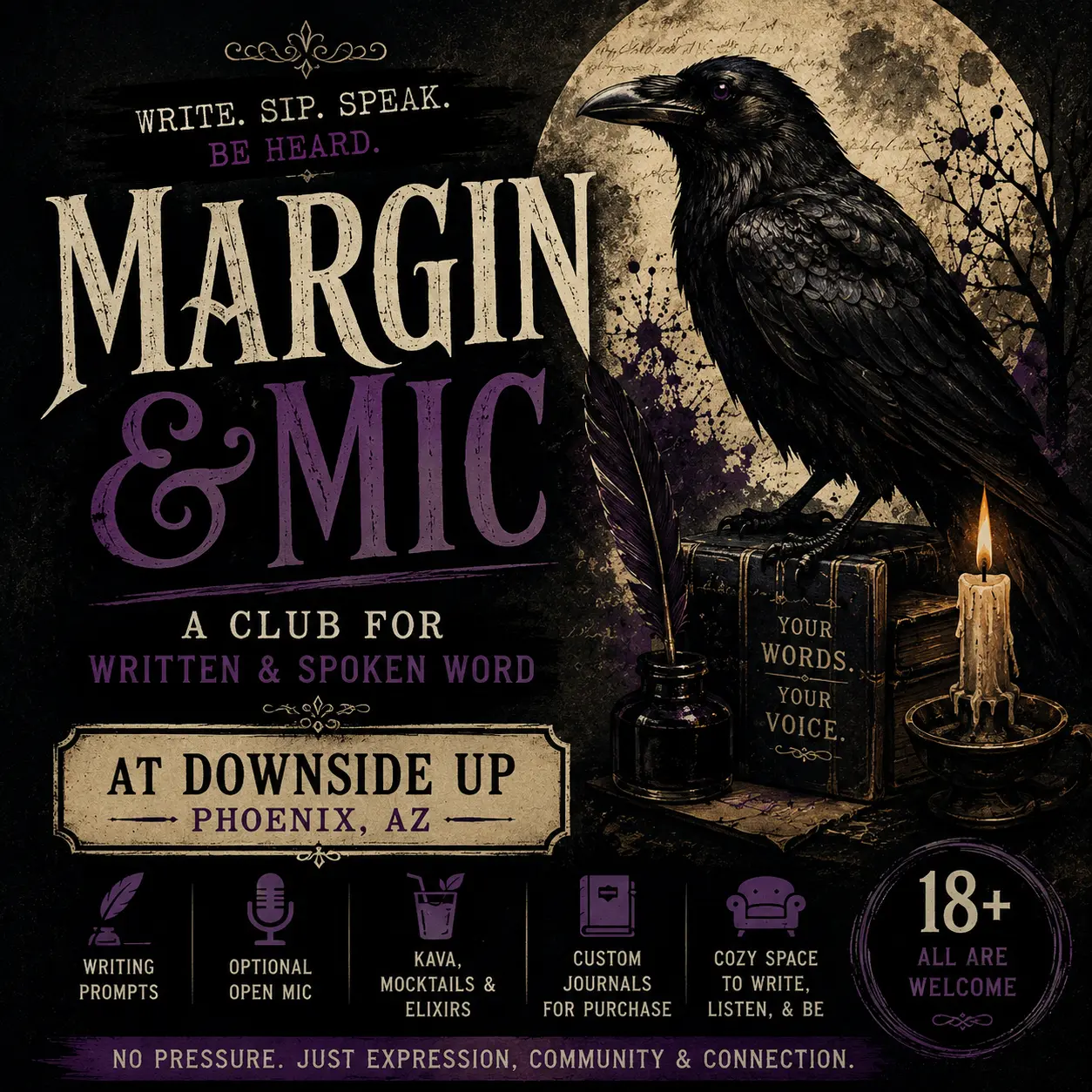 Margin & Mic writing and spoken word club at Downside Up in Phoenix, Arizona, featuring a gothic raven, books, quill and candle.