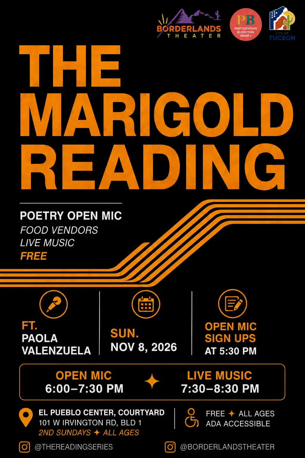Black flyer with orange text promoting The Marigold Reading November 11, 2026 in Tucson AZ.