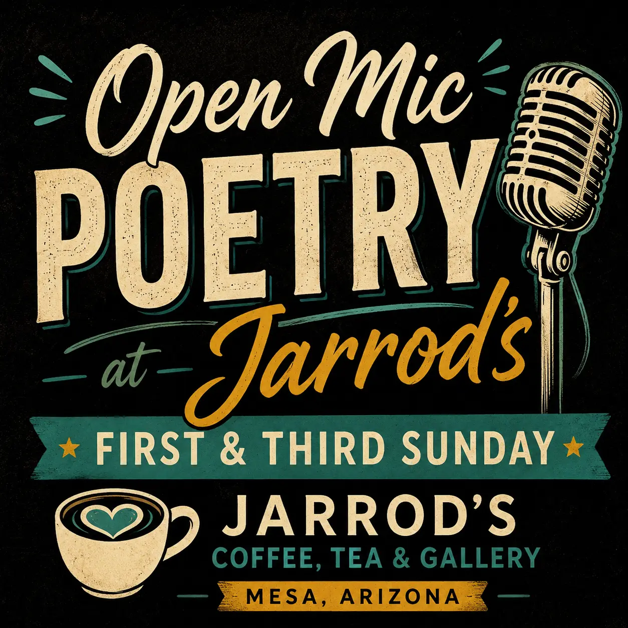 Open Mic Poetry at Jarrod’s Coffee, Tea & Gallery in Mesa, Arizona, held every first and third Sunday.
