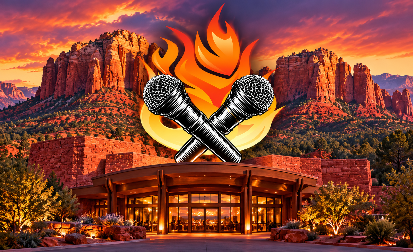 Sedona Poetry Slam artwork featuring crossed microphones and flames above the Mary D. Fisher Theater, framed by Sedona’s red rock formations at sunset.