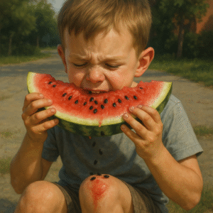 a boy eating a watermelon
